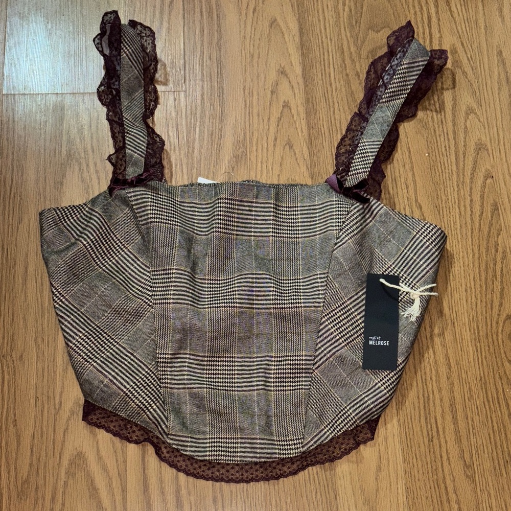 West of Melrose Plaid Crop Top with Lace Trim L NWT